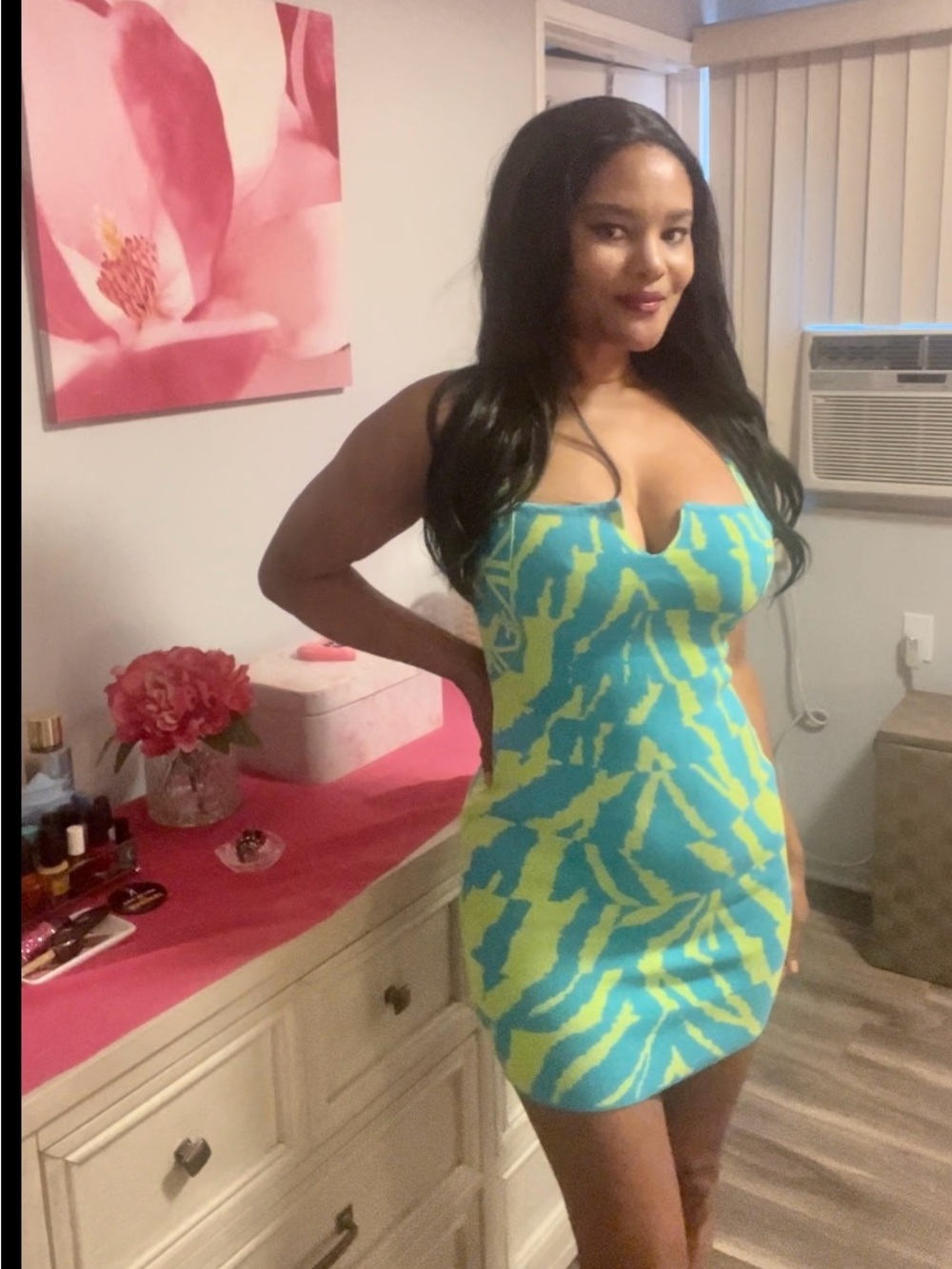 Fashion Nova Lime Green & Teal Patterned Bodycon Mini Dress - Picture 13 of 13